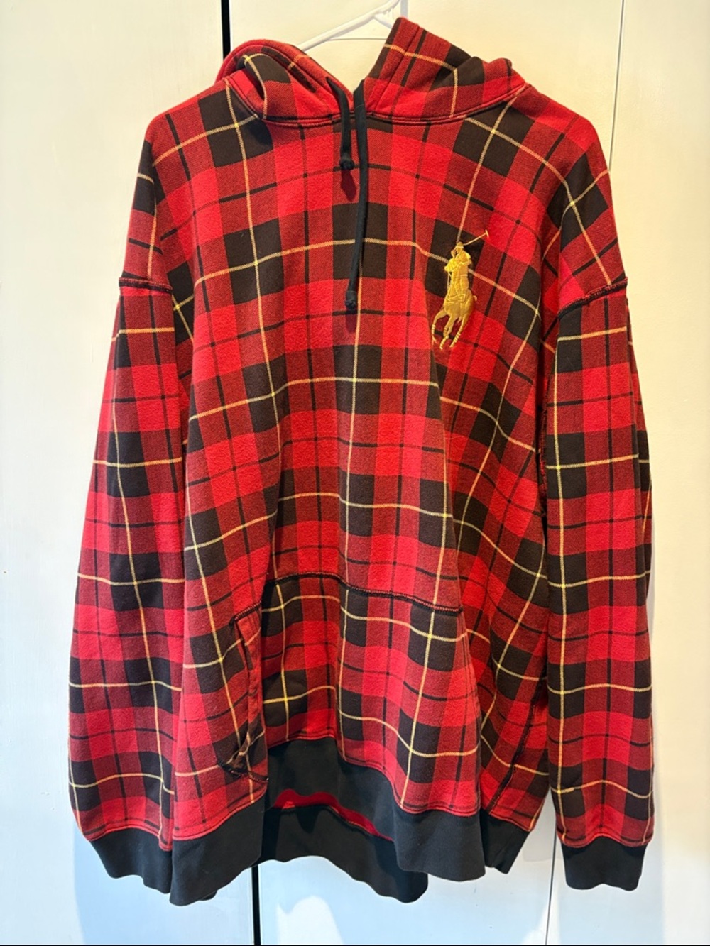 Polo by Ralph Lauren Red & Black Plaid Hooded Sweatshirt with Gold Pony